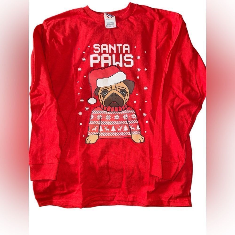 Kids Holiday/Christmas long sleeve T-shirt. “Santa paws” Size medium.